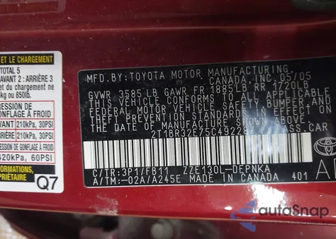 2005 Toyota Corolla Le из США, поврежденный, VIN 2T1BR32E75C492287